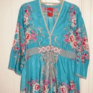 Johnny Was Silk Floral Empire Waist Tunic Blouse Sz M Boho Kimono Sleeves